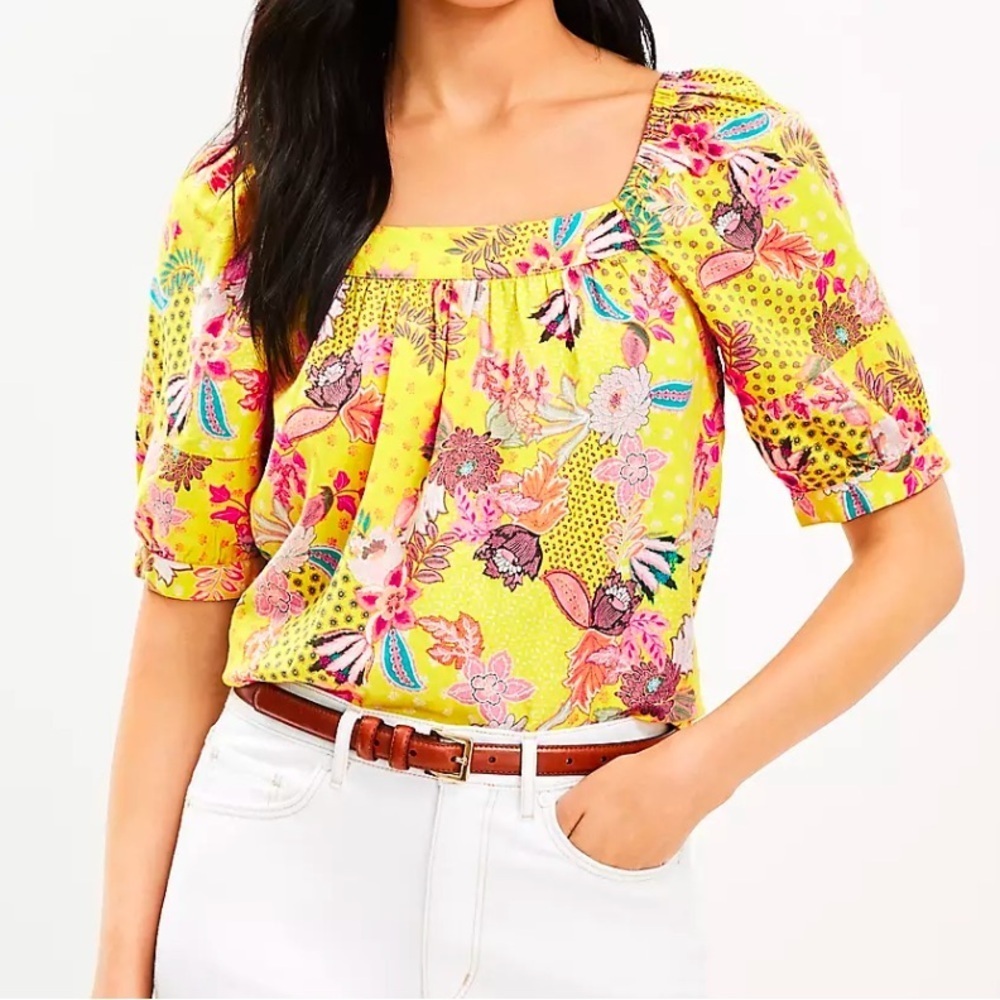 LOFT Floral Yellow floral patchwork Blouse puff sleeves linen blend top Sz XL